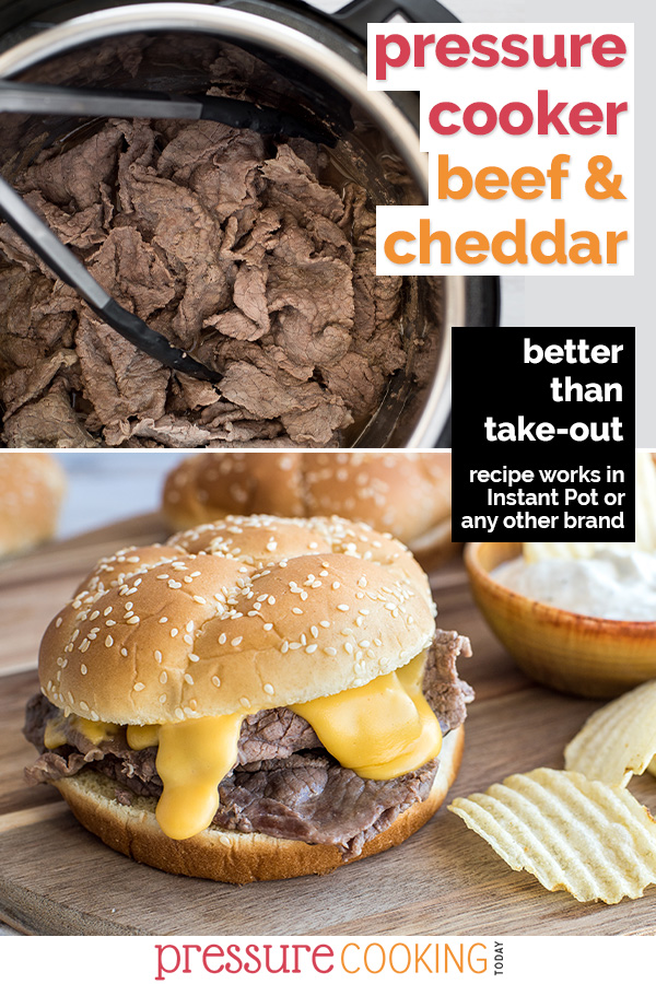 This Beef and Cheddar Sandwich recipe is an instant upgrade to Arby’s cheesesteaks! Thin-sliced beef cooks up quick and tender in your Instant Pot, and it's topped with a melty cheddar cheese sauce on an onion roll. via @PressureCook2da