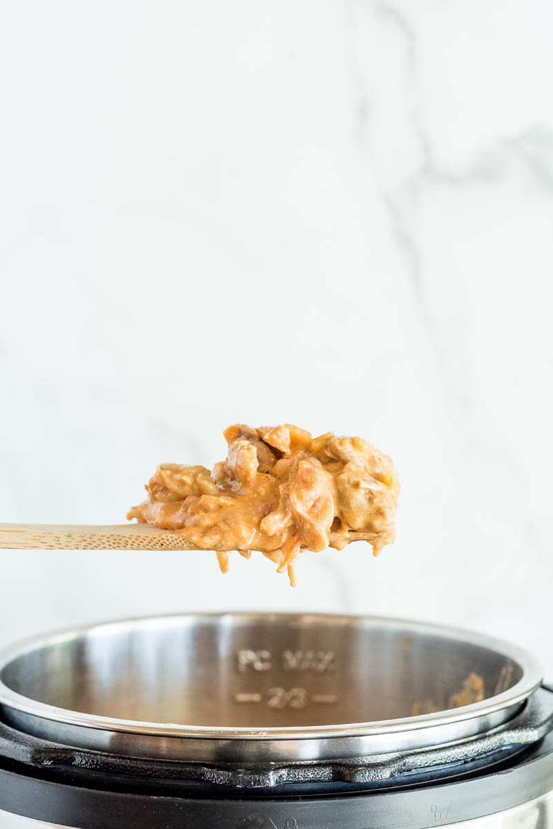 Paprika chicken cooked cooked and ready to serve on a wooden spoon over an Instant Pot