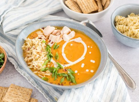 45 degree shot of Instant Pot Butternut Squash Soup with Chicken and Orzo, showing the orzo, chicken, and green onions before they're mixed in