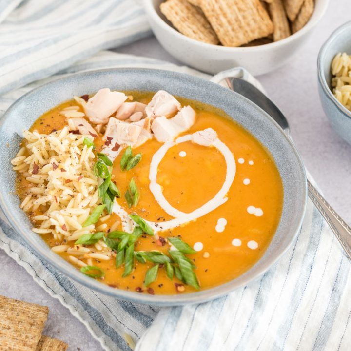 45 degree shot of Instant Pot Butternut Squash Soup with Chicken and Orzo, showing the orzo, chicken, and green onions before they're mixed in