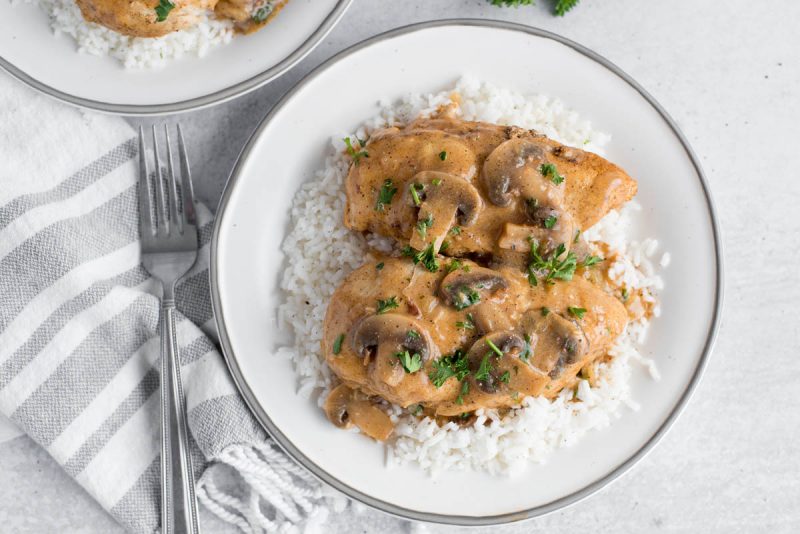 overhead of a white plate with mushrooms sauce