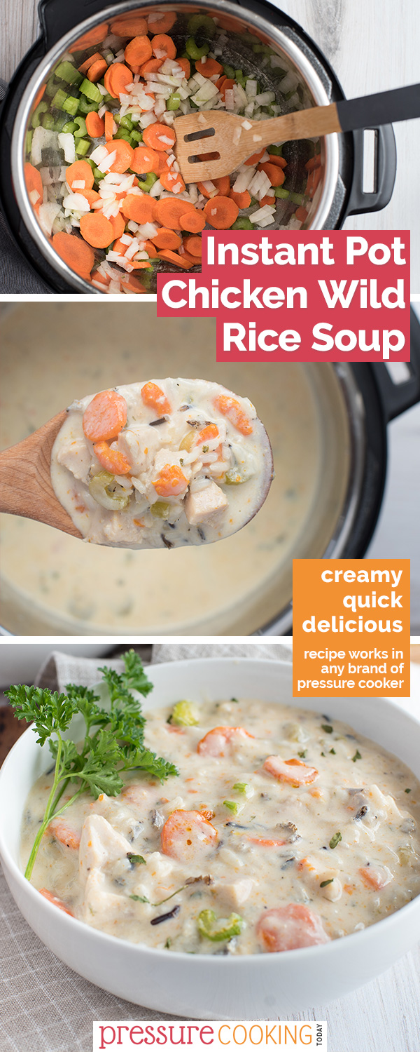 ON THE TABLE IN UNDER 30 MINUTES!!! | Instant Pot / Pressure Cooker Chicken and Wild Rice Soup is a creamy meal loaded with chicken, long grain and wild rice, carrots, onion, and celery. From Pressure Cooking Today via @PressureCook2da