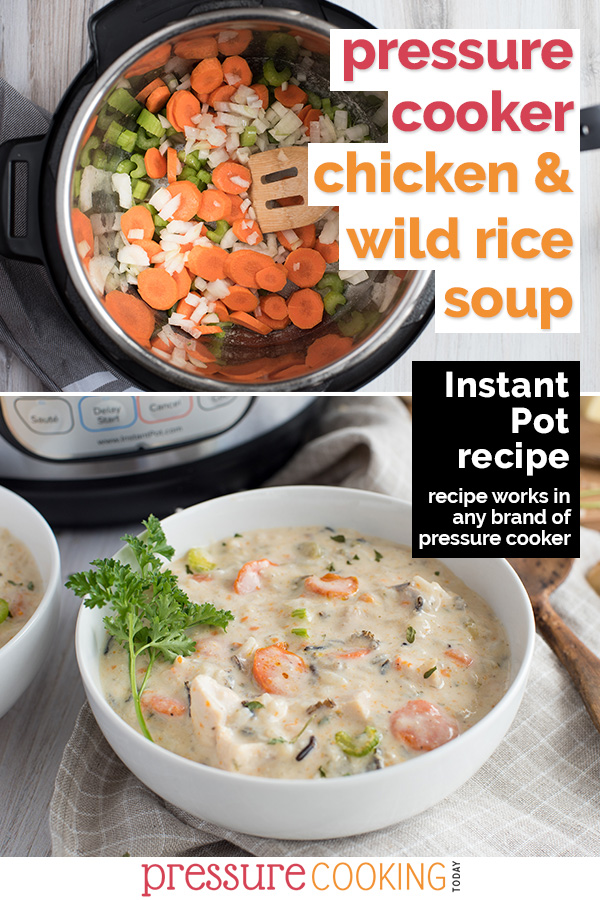 ON THE TABLE IN UNDER 30 MINUTES!!! | Instant Pot / Pressure Cooker Chicken and Wild Rice Soup is a creamy meal loaded with chicken, long grain and wild rice, carrots, onion, and celery. From Pressure Cooking Today via @PressureCook2da