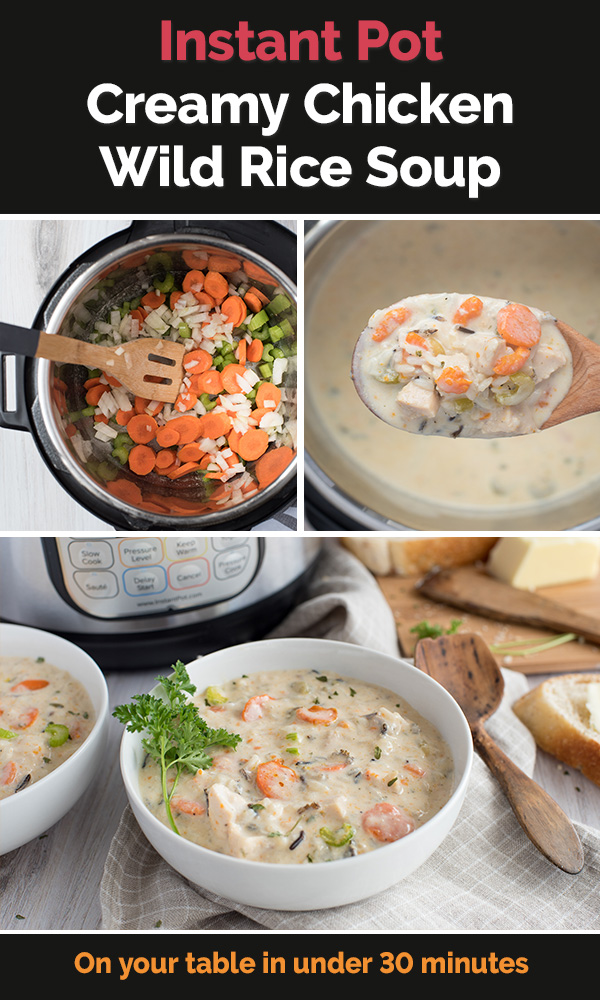 ON THE TABLE IN UNDER 30 MINUTES!!! | Instant Pot / Pressure Cooker Chicken and Wild Rice Soup is a creamy meal loaded with chicken, long grain and wild rice, carrots, onion, and celery. From Pressure Cooking Today via @PressureCook2da