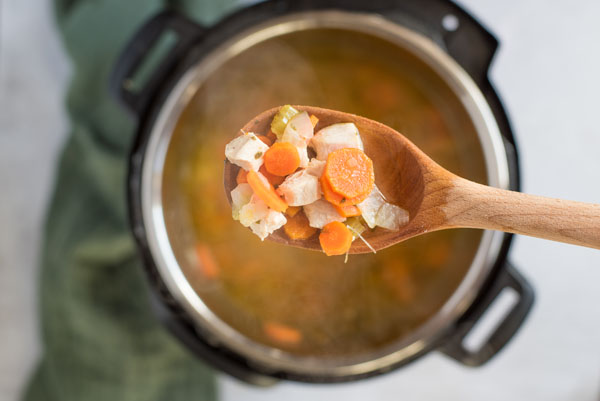 Chicken, carrots, and celery in homemade chicken soup made in an Instant Pot.