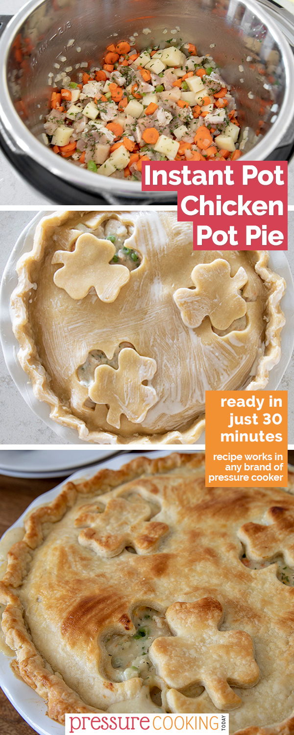 Instant Pot / Pressure Cooker Chicken Pot Pie features a creamy filling of hearty potatoes, tender chicken, peas, carrots and celery under a flaky golden pie crust. You won't believe how easy it is to put together! | Recipe from #PressureCookingToday | via @PressureCook2da