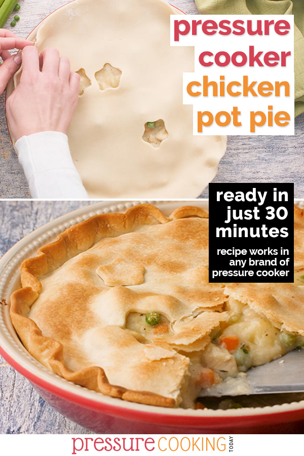 Instant Pot / Pressure Cooker Chicken Pot Pie features a creamy filling of hearty potatoes, tender chicken, peas, carrots and celery under a flaky golden pie crust. You won't believe how easy it is to put together! | Recipe from #PressureCookingToday | via @PressureCook2da