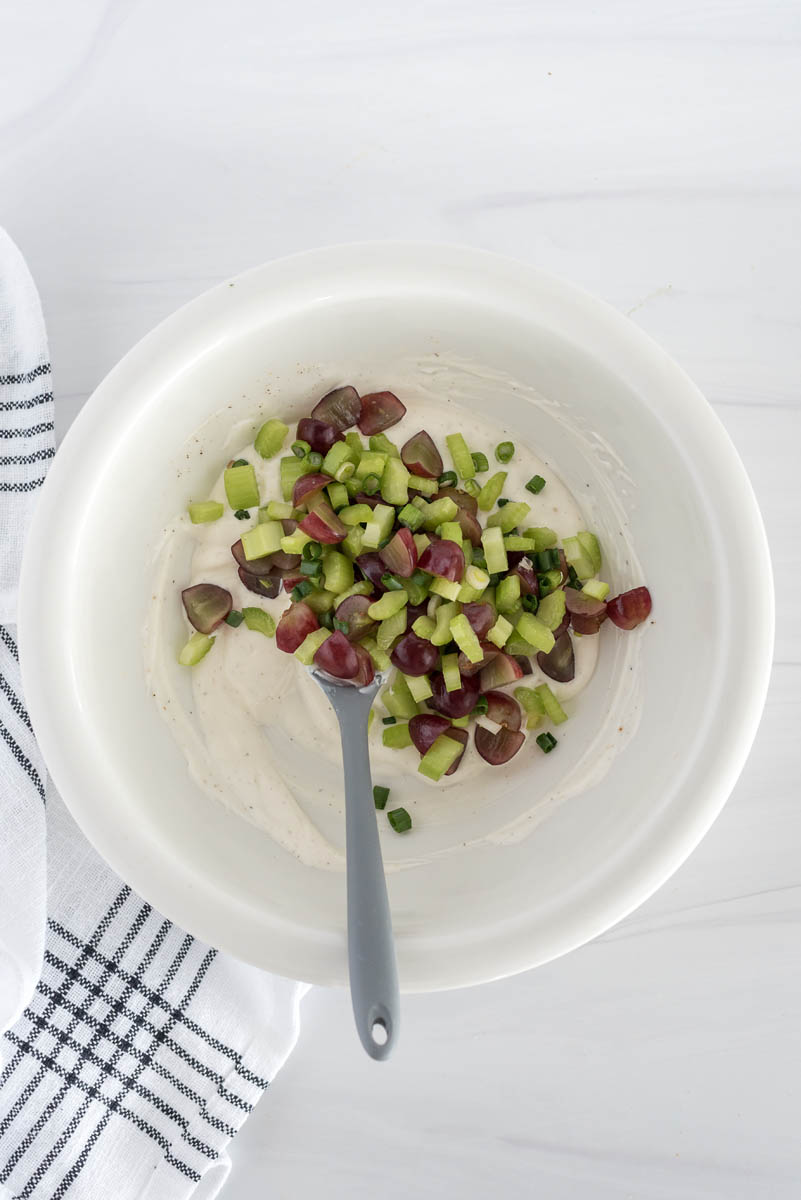 overhead of a bowl with dressing for instant pot chickensalad