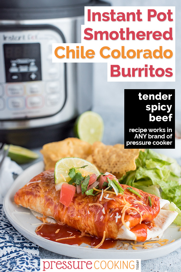 Pinterest collage describing instant Pot Colorado Chile smothered burritos