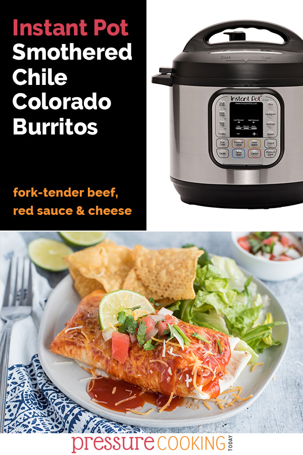 Pinterest collage displaying an Instant Pot electric pressure cooker and a dish of instant pot Chile Colorado smothered burritos