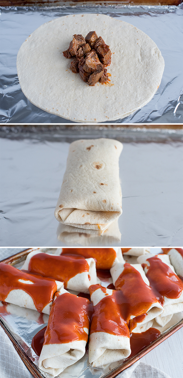 Step-by-step photo of how to assemble burritos. 1. Tortilla open on a foil-lined baking sheet. 2. Wrap the ends in, then fold the sides down and lay seam-side down on the baking sheet. 3. Repeat for all tortillas and cover in red enchilada sauce
