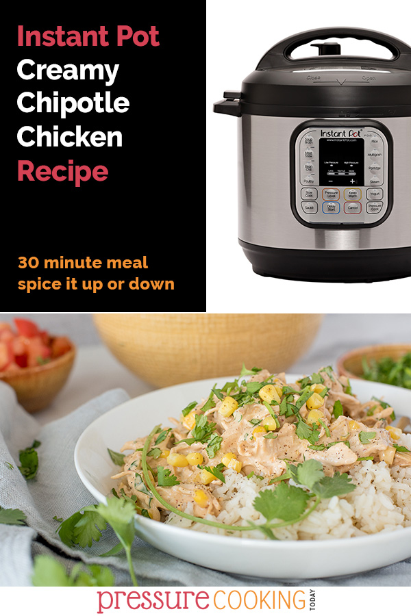 DONE IN UNDER 30 MINUTES! This easy Instant Pot recipe features tender shredded chicken breast, a not-too-spicy chipotle cream sauce, and corn, spooned over white rice. via @PressureCook2da