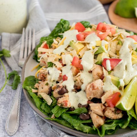 a 45degree shot of chicken taco salad with cilantro lime dressing, diced tomatoes, lime wedges, on a bed of lettuce with tortilla strips, additional dressing, and more lime garnishes on the side