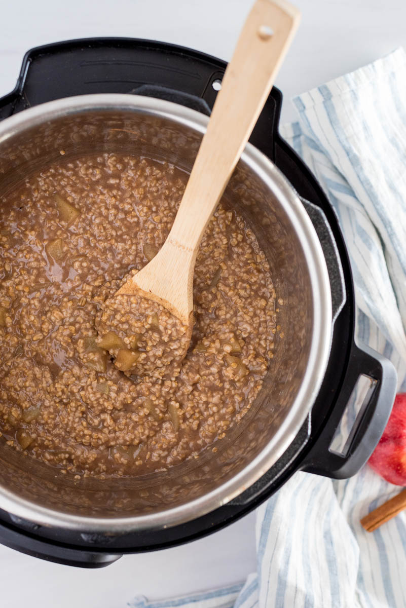ovehead of steel cut oats cooked in an instant pot pressure cooker