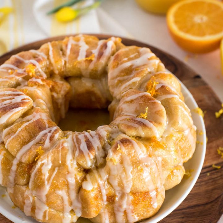 ring of citrus monkey bread with white sugar glaze