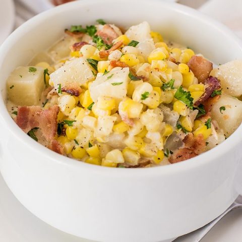 instant pot corn chowder in a white bowl