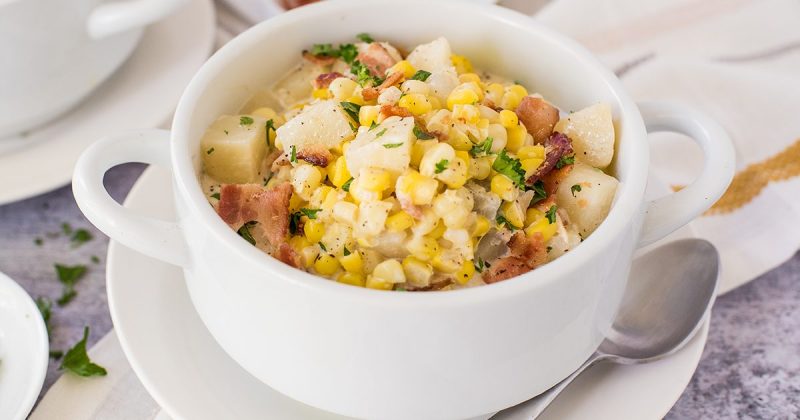 instant pot corn chowder in a white bowl