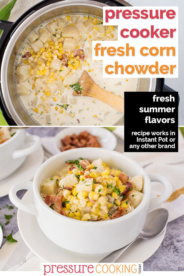 The BEST way to use your fresh corn on the cob. Use the cobs to make this amazing, creamy broth and then nserve the soup loaded with potatoes, bacon, and the corn. via @PressureCook2da