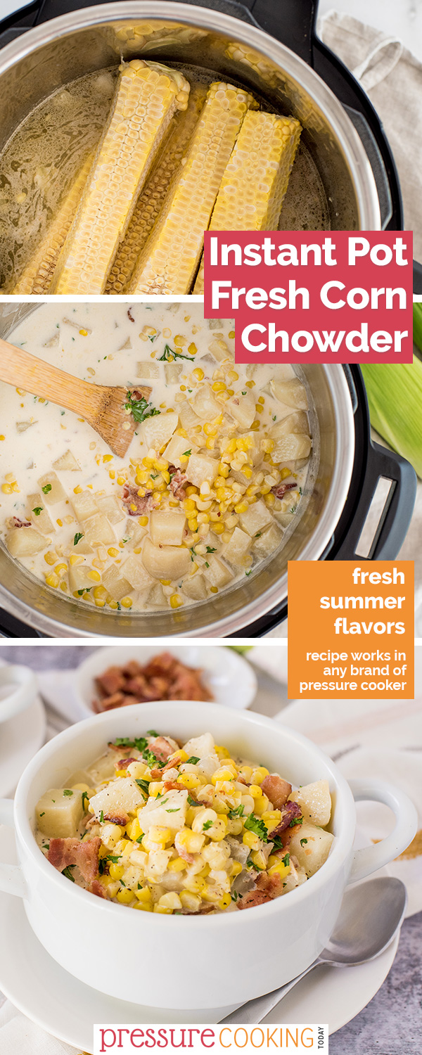 The BEST way to use your fresh corn on the cob. Use the cobs to make this amazing, creamy broth and then nserve the soup loaded with potatoes, bacon, and the corn. via @PressureCook2da