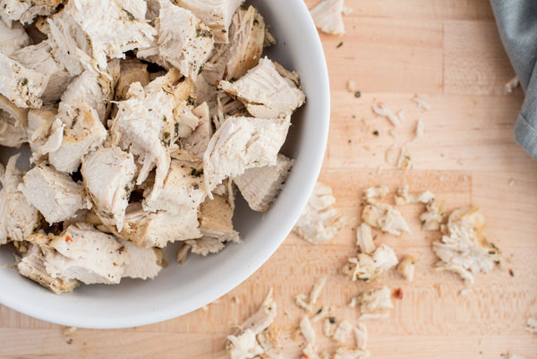 Shredded chicken ready to go into the cheese sauce