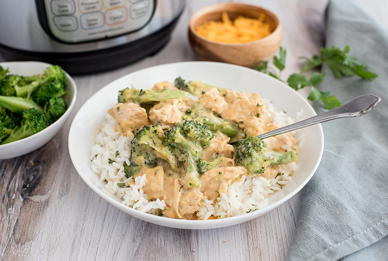 Pressure Cooker / Instant Pot Chicken and Broccoli over Rice, with an Instant Pot Duo in the background