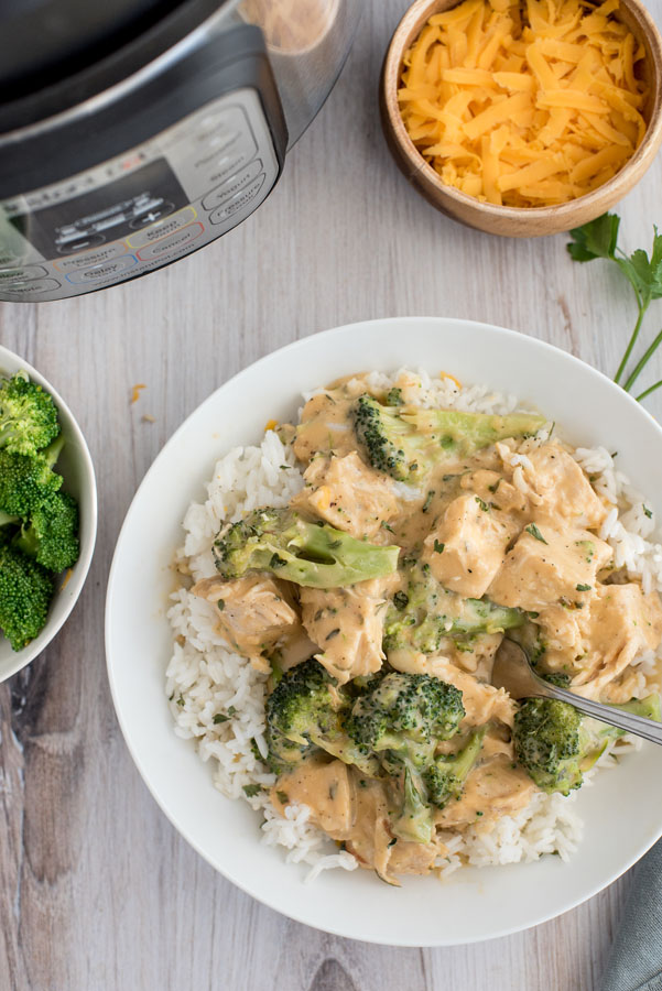 An overhead shot of InstaPot Cheesy Chicken and Broccoli