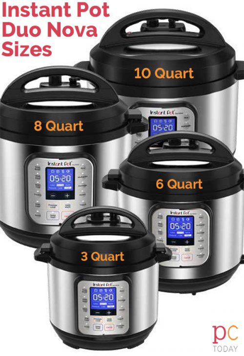 Instant Pot Duo Nova size comparison for the 3 quart, 6 quart, 8 quart, and 10 quart.