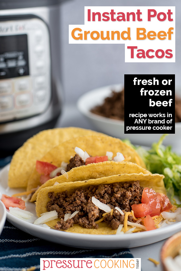 Instant Pot Ground Beef Tacos cook up quick and easy in your pressure cooker. Top with your favorite toppings and have dinner ready in under 30 minutes! via @PressureCook2da