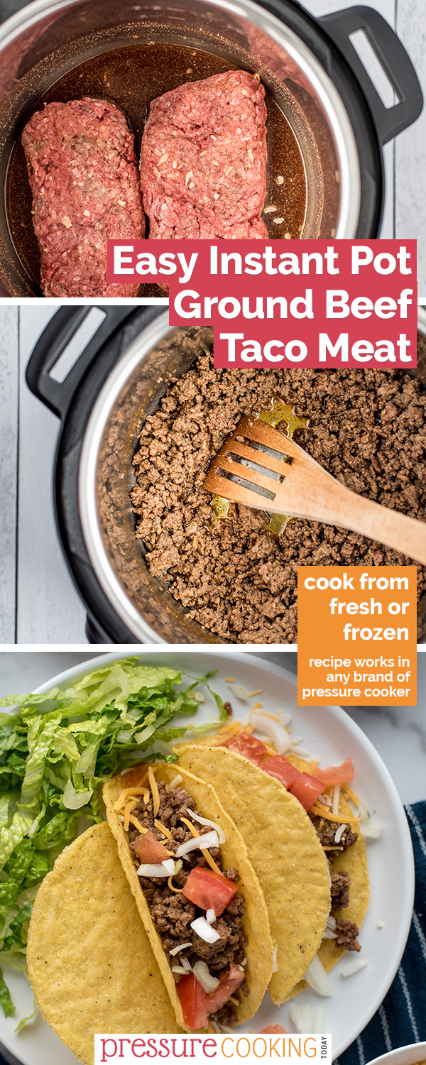 Instant Pot Ground Beef Tacos cook up quick and easy in your pressure cooker. Top with your favorite toppings and have dinner ready in under 30 minutes! via @PressureCook2da