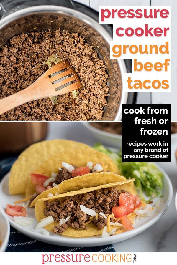 Instant Pot Ground Beef Tacos cook up quick and easy in your pressure cooker. Top with your favorite toppings and have dinner ready in under 30 minutes! via @PressureCook2da