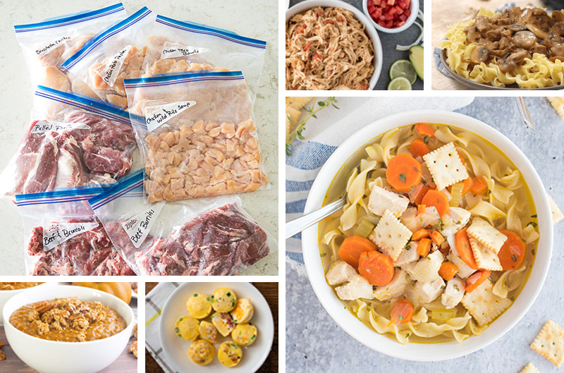 Collage of the Cook First Instant Pot Freezer Meals round up collage including images of prepackaged meat ready to freeze, chicken taco filling, beef stroganoff, pumpkin pie steel cut oats, egg bites, and chicken noodle soup.