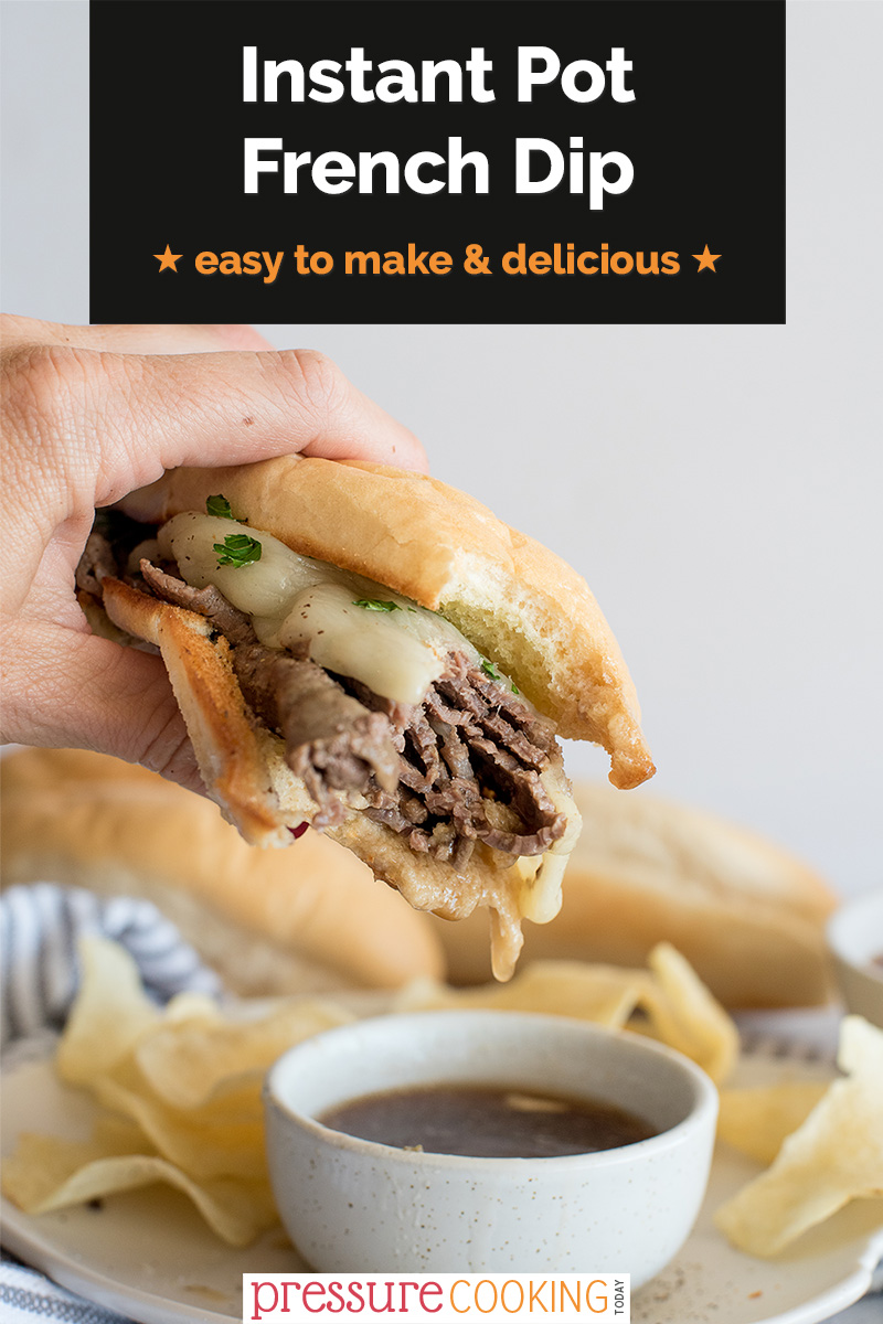 Easy French Dip Sandwiches that you can make in your Instant Pot. Makes a great rosemary garlic au jus dipping sauce and it starts with a mix to make life a little easier. via @PressureCook2da