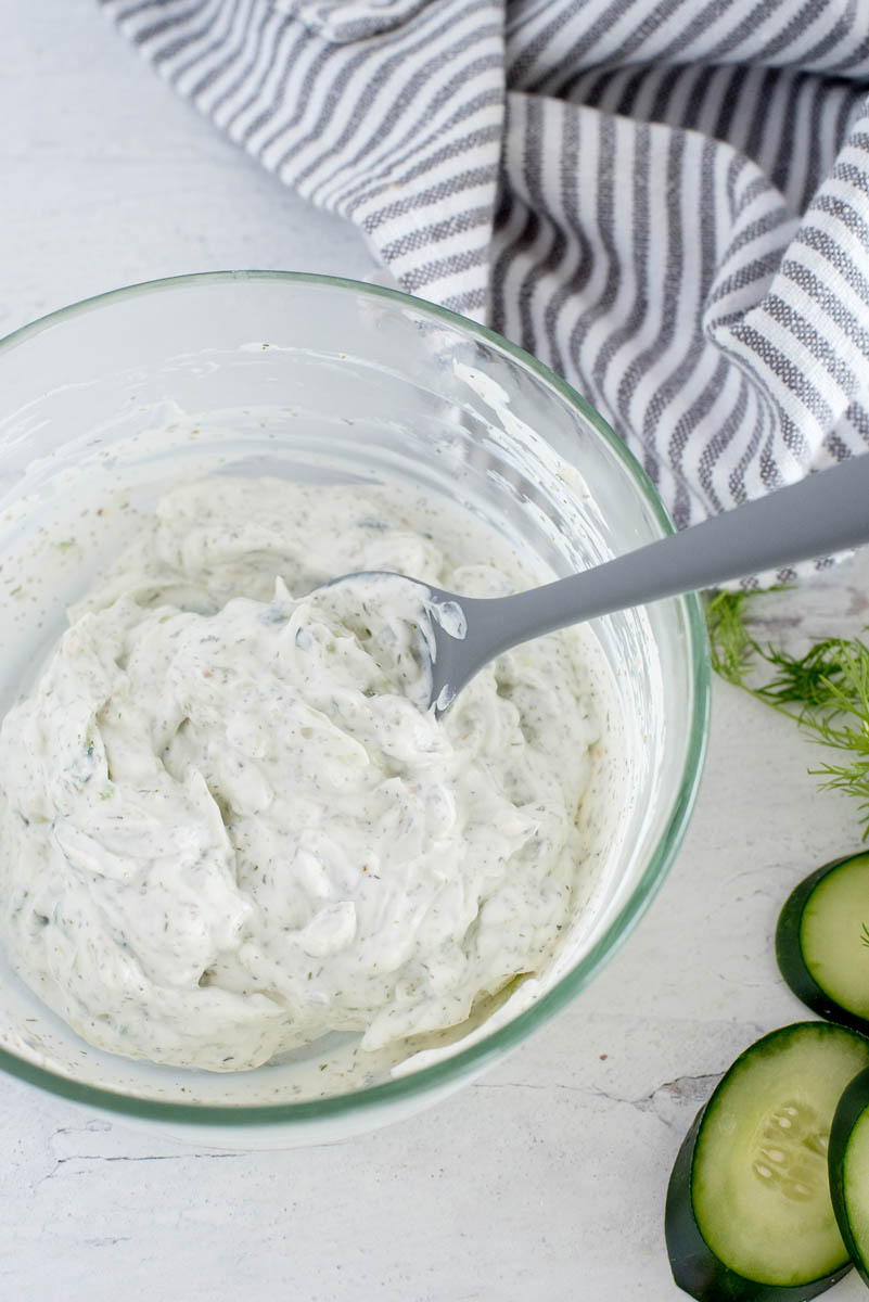 close up on a bowl of tzatziki sauce