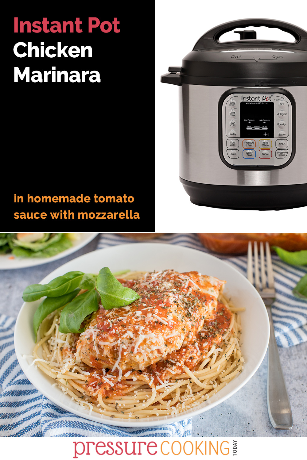 Homemade tomato sauce + melty mozzarella + quick chicken dinner = THIS WEEK'S DINNER! Instructions to melt cheese with an air fryer lid or in the oven. via @PressureCook2da