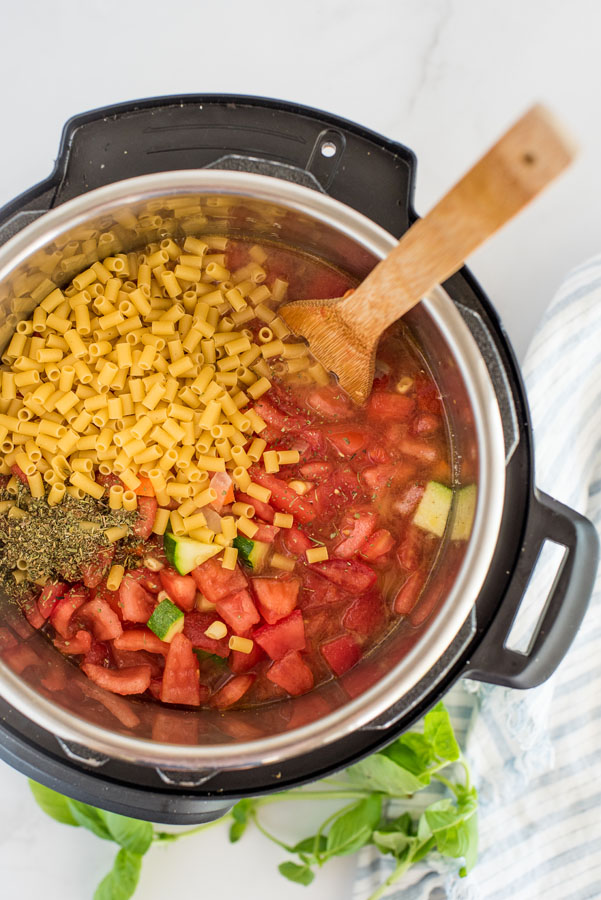 Overhead shot of ingredients added to the Instant Pot to make minestrone soup.