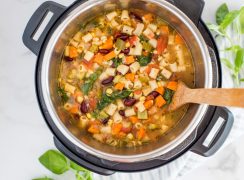 Close up overhead shot of minestrone soup cooked in an Instant Pot.