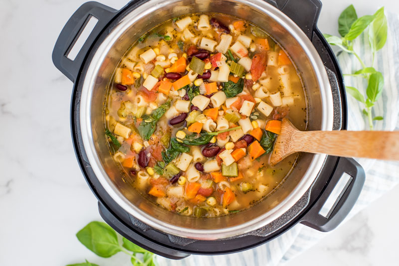 Close up overhead shot of minestrone soup cooked in an Instant Pot.