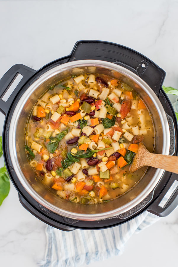 Overhead shot of minestrone soup cooked and ready to serve in an Instant Pot.