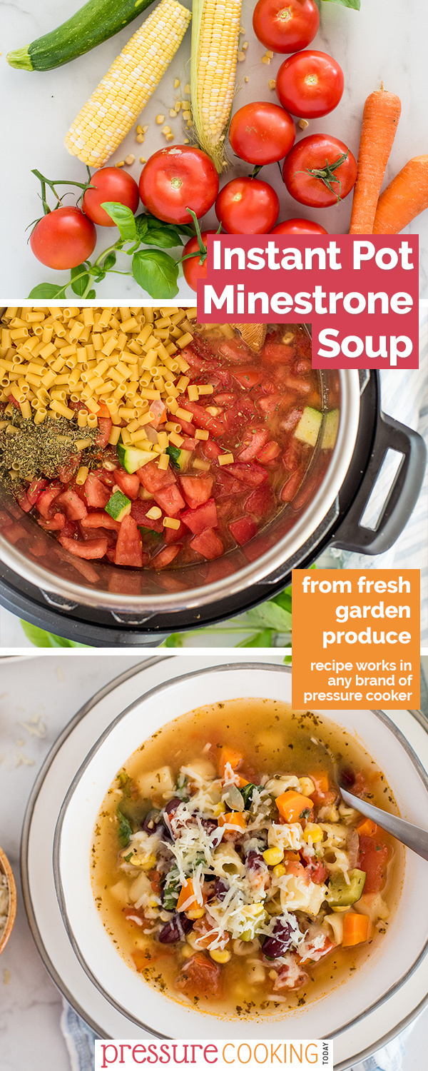 If you can get your hands on fresh tomatoes, you HAVE to try this easy Instant Pot minestrone soup recipe featuring fresh garden produce like tomatoes, zucchini, corn, and onions, plus beans and pasta. Plus instructions to freeze. #pressurecookingtoday via @PressureCook2da