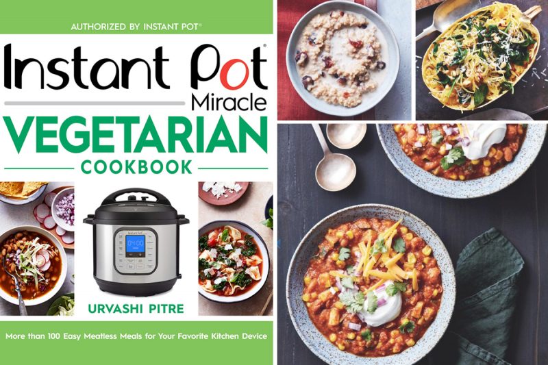 Picture collage featuring the cover of the Instant Pot Vegetarian cookbook along with images from the inside of the book