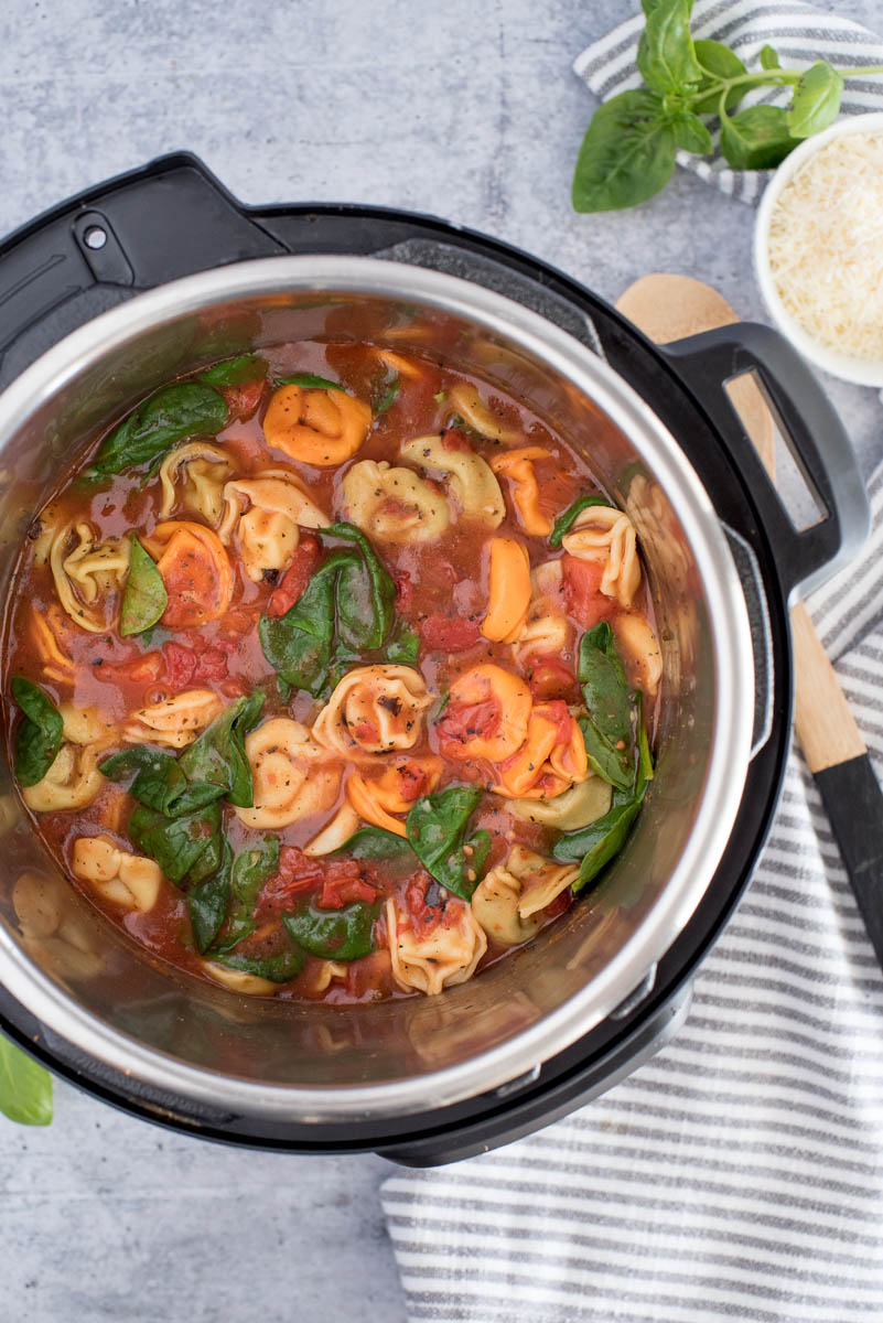 Tortellini made with fresh spinach, cooked and ready to serve from an Instant Pot.