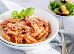 A close-up of Instant Pot Quick Marinara Sauce and Penne Pasta