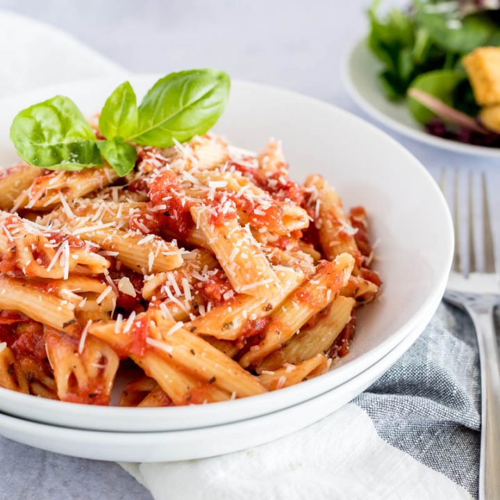 A close-up of Instant Pot Quick Marinara Sauce and Penne Pasta