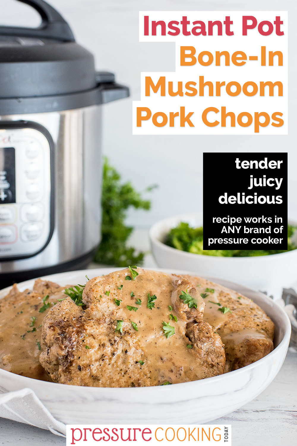 These Instant Pot Pork Chops with creamy mushroom gravy are made with cream of mushroom soup and pair perfectly with mashed potatoes or with rice. Start with a can of cream of mushroom soup to make life easier on busy nights! via @PressureCook2da