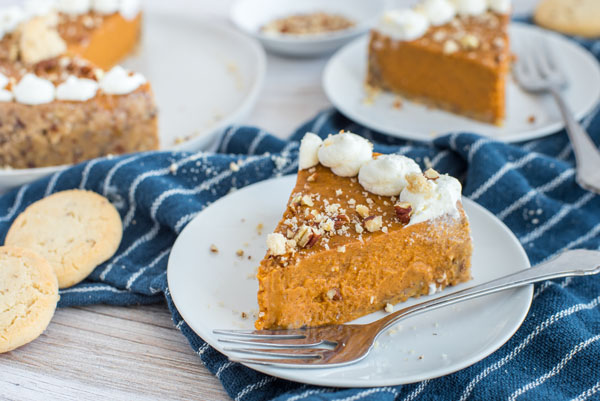 Pressure cooker made from scratch pumpkin pie plated with whipped cream.