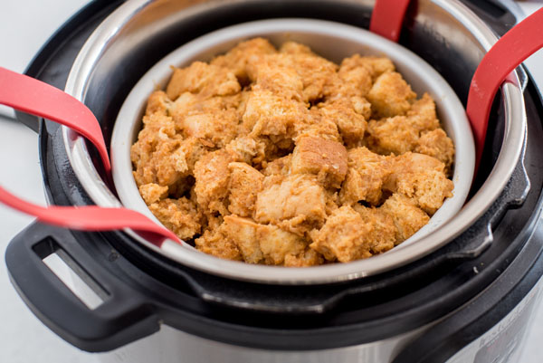 InstaPot Pumpkin Baked French Toast inside and Instant Pot being cooked using the pot in pot method.