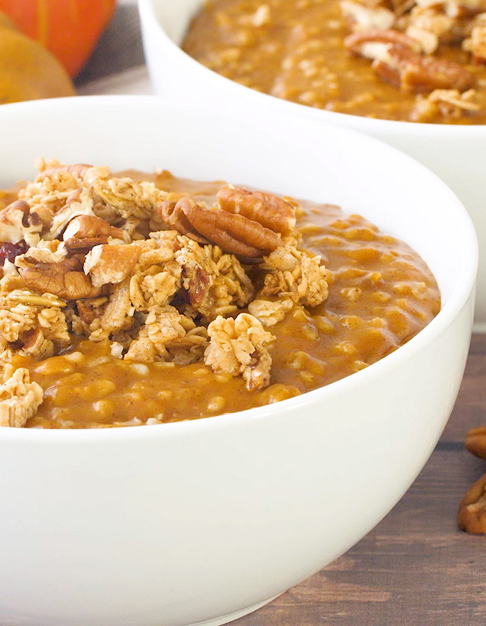 Close up of Pumpkin Spice Instapot Steel Cut Oats, topped with granola