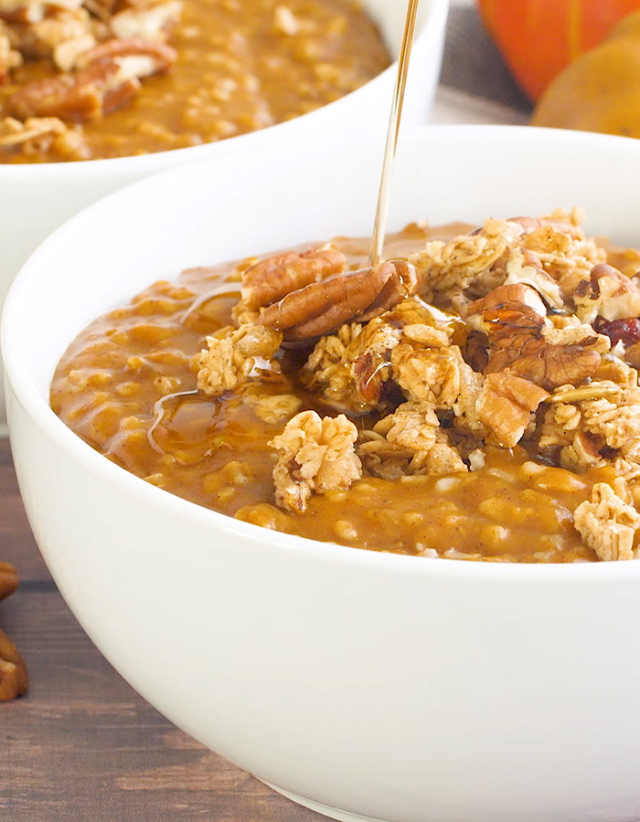A drizzle of maple syrup topping Pumpkin Pie Steel Cut Oats