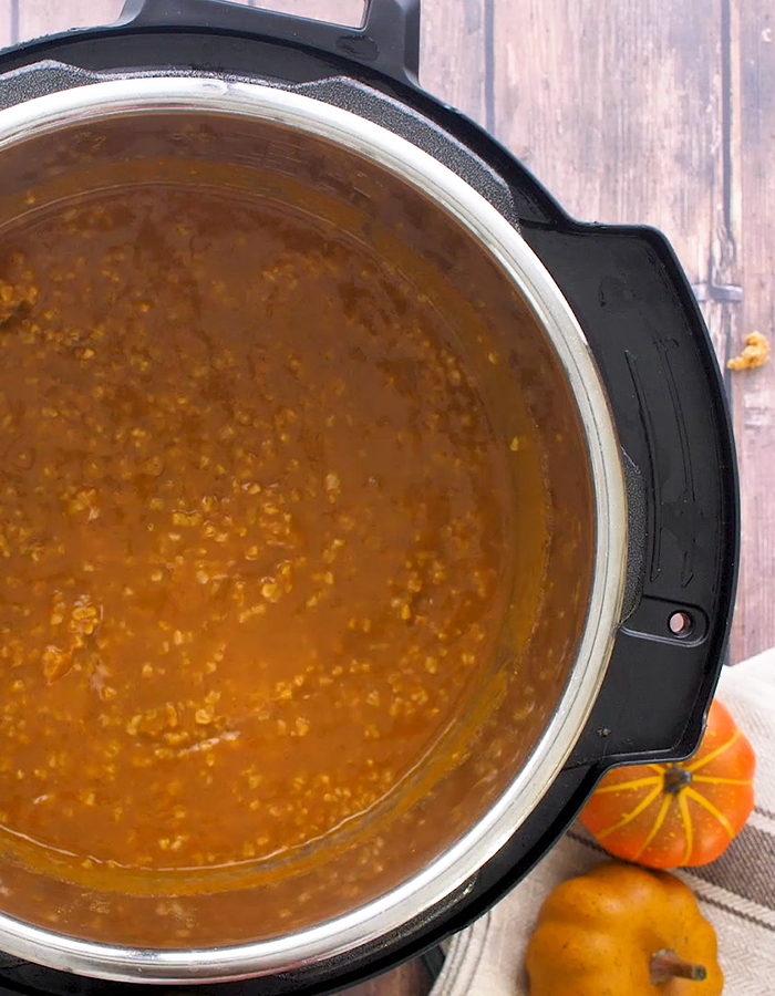 Pressure Cooker Pumpkin Steel Cut Oats after pressure cooking inside the Instant Pot