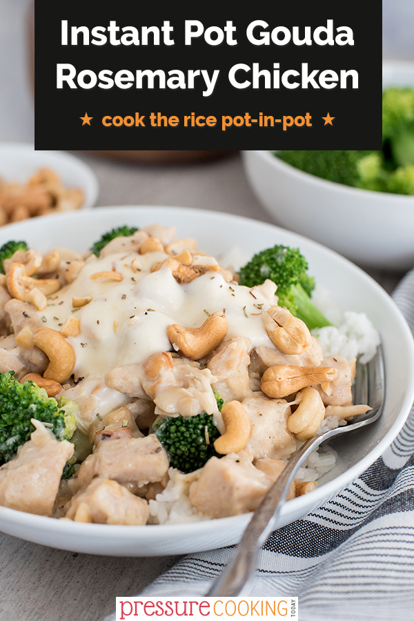 Instant Pot Gouda rosemary chicken served in a bowl with rice and broccoli. via @PressureCook2da